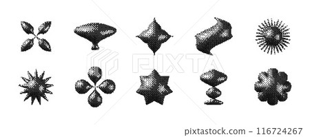Pixelated 3d Y2K shape set. Bitmap stars, flowers, sparkles, waves element collection. Retro 8 bit sticker form bundle for poster, banner, collage, graphic design. Vector dither geometric object pack 116724267