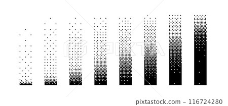 Halftone vertical gradient border set. Black long dotted frame or divider collection. Pixelated rectangle decoration element for banner, poster, advertisement, card, cover. Vector Halftone vertical gradient border set. Black long dotted frame or divider collection. Pixelated rectangle decoration element for banner, poster, advertisement, card, cover. Vector 116724280