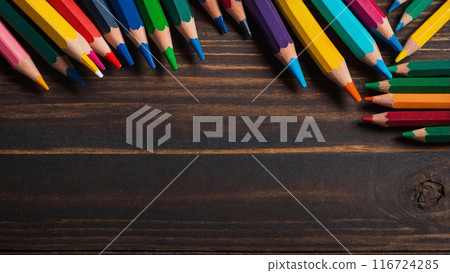 AI content. Wooden background with set of school student. 116724285