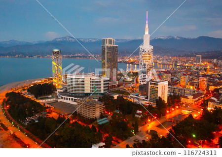 View from drone of seaside area of Batumi on spring twilight View from drone of seaside area of Batumi on spring twilight 116724311