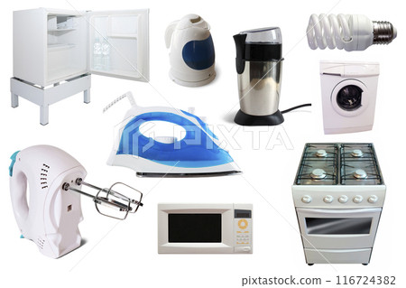 Assortment of household appliances isolated on white background Assortment of household appliances isolated on white background 116724382