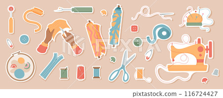 Colorful sewing and needlework tools sticker collection. Include needle, thread and sewing machine, also yarn, scissors and tailor hands. Ideal for tailor sewing projects, embroidery crafts and design 116724427