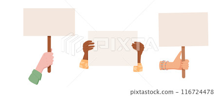 Woman hand raise blank strike sign set, human holds empowerment signboard, isolated hands show up support template placard, right activist parade demonstration flag, character holding protest banner, Woman hand raise blank strike sign set, human holds empowerment signboard, isolated hands show up support template placard, right activist parade demonstration flag, character holding protest banner, 116724478