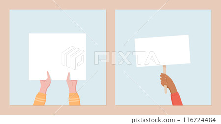 Hands hold signs at social media template set. Hand with blank banner emphasizes the protest, with people showing community strength, support, and solidarity for global causes. 116724484