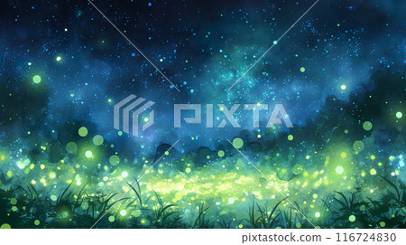 Watercolor illustration landscape of a meadow at night with many beautiful fireflies 116724830