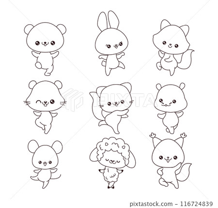 Cute dancing small animals line cartoon illustration set 116724839