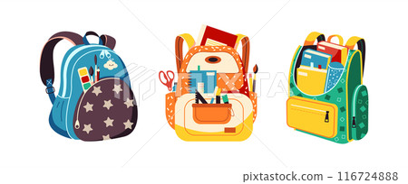 Schoolbags with stationery and textbooks 2D cartoon objects 116724888