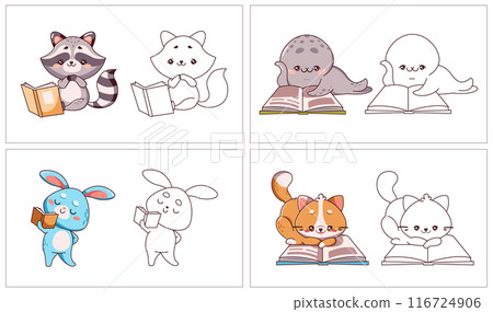 Adorable animals reading books cartoon characters on white 116724906