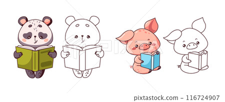 Kawaii cute animals students enjoying reading on white 116724907