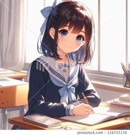 A girl in uniform studying hard at her desk A girl in uniform studying hard at her desk 116725138