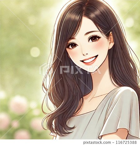 頭髮飄逸可愛美女20多歲女人微笑長髮插畫AI 116725388