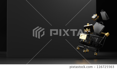 Black friday sale banner design of shopping cart and gift box with paper bag with copy space on black background 3D render 116725563