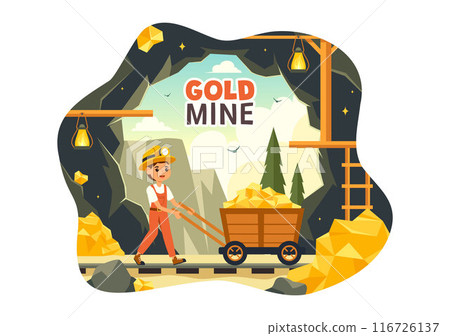 Gold Mine Vector Illustration with Mining Industry Activity Featuring Treasure, Piles of Coins, Jewelry, and Gems in a Flat Style Cartoon Background Gold Mine Vector Illustration with Mining Industry Activity Featuring Treasure, Piles of Coins, Jewelry, and Gems in a Flat Style Cartoon Background 116726137
