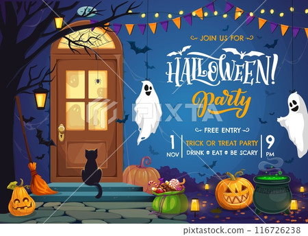 Halloween party flyer with door porch, pumpkins, scary ghosts and sweets bucket with black cat sit on stairs. Vector invitation poster for celebration trick or treat night with decorated holiday home Halloween party flyer with door porch, pumpkins, scary ghosts and sweets bucket with black cat sit on stairs. Vector invitation poster for celebration trick or treat night with decorated holiday home 116726238