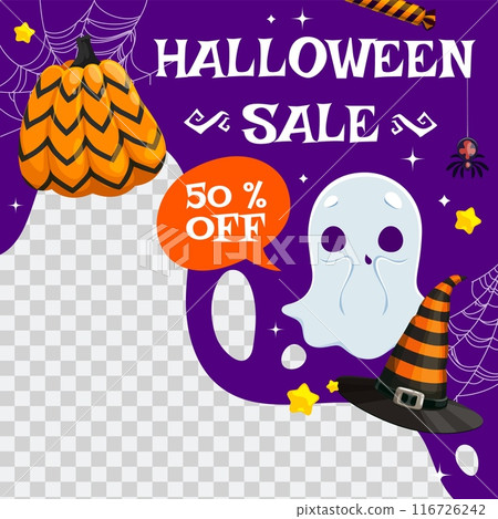 Halloween sale banner template with cute kawaii ghost and colorful pumpkin. Vector empty holiday frame for special discount offer with cartoon spooky phantom, cobweb, witch hat, ripe gourd and spider Halloween sale banner template with cute kawaii ghost and colorful pumpkin. Vector empty holiday frame for special discount offer with cartoon spooky phantom, cobweb, witch hat, ripe gourd and spider 116726242