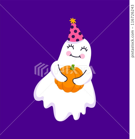 Funny cartoon Halloween kawaii ghost character wearing playful party hat and pumpkin in hands, adding a charming twist to spooky holiday. Adorable, cute vector spook captures the spirit of season Funny cartoon Halloween kawaii ghost character wearing playful party hat and pumpkin in hands, adding a charming twist to spooky holiday. Adorable, cute vector spook captures the spirit of season 116726243