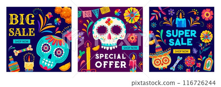 Day of the Dead Dia De Los Muertos mexican holiday sale banners with marigold flowers and skulls. Special offer vector shopping flyers set with cartoon calavera skulls, tequila, candles, papel picado 116726244