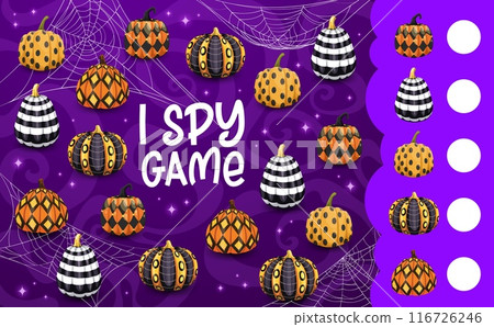 I spy game, cobweb with Halloween patterned pumpkins. Object finding kids playing activity, counting educational puzzle vector worksheet with ornate geometrical patterns pumpkins and spiderweb 116726246