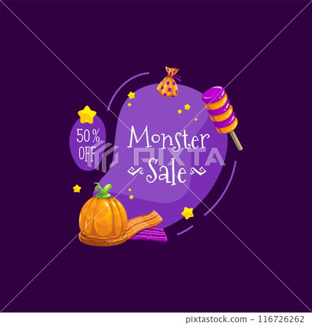 Halloween sale banner with holiday candy sweets and pumpkin, vector discount promotion deal. Halloween monster sale and discount promo ad for 50 percent off with trick or treat caramel candy Halloween sale banner with holiday candy sweets and pumpkin, vector discount promotion deal. Halloween monster sale and discount promo ad for 50 percent off with trick or treat caramel candy 116726262