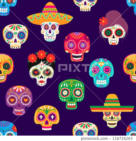 Day of Dead mexican calavera skulls. Dia de Los Muertos seamless pattern. Mexican traditional holiday, carnival or festival background, fabric Day of Dead vector seamless print with Catarina skulls Day of Dead mexican calavera skulls. Dia de Los Muertos seamless pattern. Mexican traditional holiday, carnival or festival background, fabric Day of Dead vector seamless print with Catarina skulls 116726263
