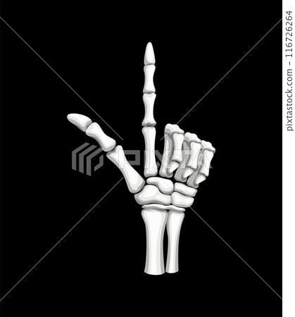 Skeleton hand making pointing up gesture. Isolated vector bony skeletal palm emerges from the darkness, its elongated finger forming an eerie pointing-up sign, spectral guide in the night of Halloween 116726264