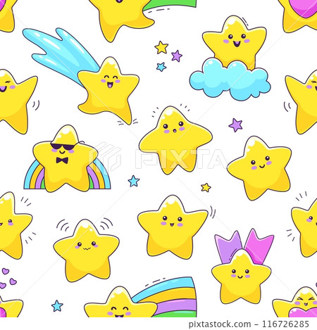 cartoon cute funny kawaii stars and twinkle characters seamless pattern. Vector whimsical and charming background with adorable celestial personages sparkles across the backdrop, textile or wallpaper 116726285