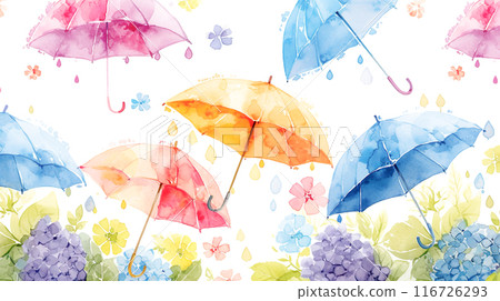 可愛多彩的雨傘和繡球花的水彩插圖 116726293