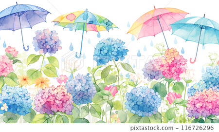 Cute and colorful umbrella and hydrangea watercolor illustration Cute and colorful umbrella and hydrangea watercolor illustration 116726296