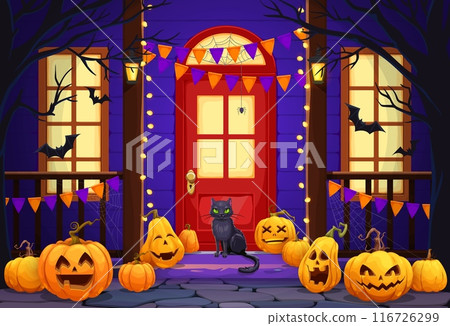 Halloween scary pumpkins on holiday door porch in horror night, cartoon vector. Halloween trick or treat party with boo pumpkins with carving faces, witch black cat and spiderweb on house door 116726299