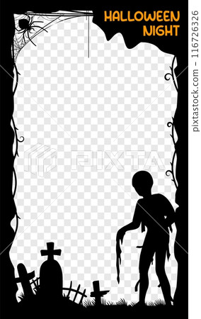 Halloween social media post frame template. Vector spooky rectangular vertical border, with zombie, cemetery tombs, creepy spiders and lianas black silhouettes, create a festive and engaging design Halloween social media post frame template. Vector spooky rectangular vertical border, with zombie, cemetery tombs, creepy spiders and lianas black silhouettes, create a festive and engaging design 116726326