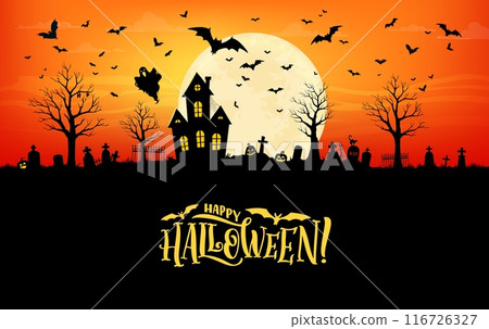 Halloween abandoned town house and scary cemetery silhouette with flying bats and ghost. Vector Halloween holiday trick or treat night haunted house, pumpkin monsters and cat with moon on background Halloween abandoned town house and scary cemetery silhouette with flying bats and ghost. Vector Halloween holiday trick or treat night haunted house, pumpkin monsters and cat with moon on background 116726327