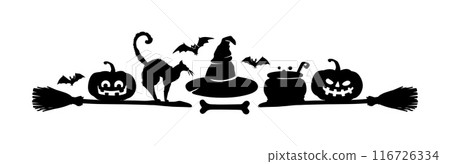 Halloween frame border and divider. Isolated vector spooky decorative holiday element with black silhouettes of pumpkins, cat, grave crosses and flying bats, witch hat, bone, cauldron and broomsticks 116726334