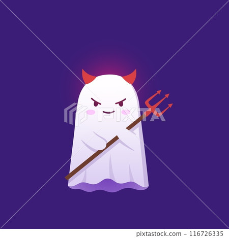 Halloween kawaii ghost character wearing red devil horns completed with pitchfork, for a whimsical party look. Cartoon cute vector baby spook combining funny elements for a charming and unique costume Halloween kawaii ghost character wearing red devil horns completed with pitchfork, for a whimsical party look. Cartoon cute vector baby spook combining funny elements for a charming and unique costume 116726335