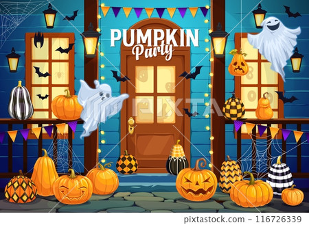 Halloween pumpkin party on holiday door porch with scary ghost characters and bats. Halloween holiday rural house porch vector wallpaper with ghosts, stripped pumpkin Jack o lanterns and spider web 116726339