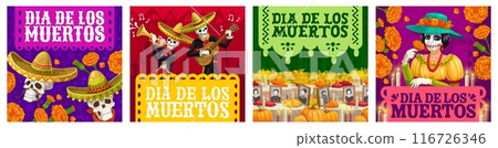 Mexican day of the dead holiday, dia de los muertos banners. Vector social media history screen square templates with festive dead characters Catrina, skeleton mariachi band, altar or marigold flowers 116726346