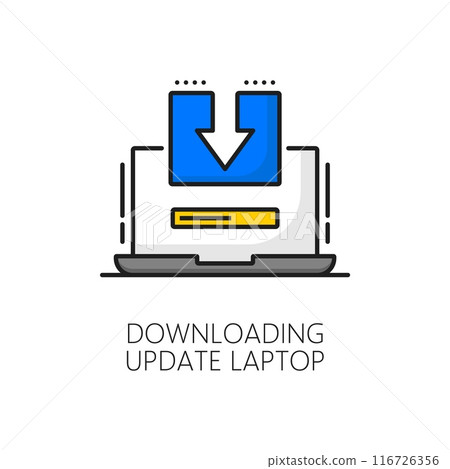 Laptop software update downloading color line icon. Personal computer application update, computer system upgrade or PC app maintenance linear vector symbol. Software download line sign or pictogram Laptop software update downloading color line icon. Personal computer application update, computer system upgrade or PC app maintenance linear vector symbol. Software download line sign or pictogram 116726356