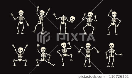 Skeleton dance. Dancing Halloween skeleton characters groove in eerie delight, rattling bones to a haunting beat with their macabre and spirited spooky dance. Vector set of animated dead personages 116726361
