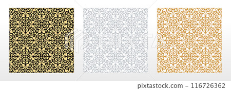 Collection of flower geometric patterns. Seamless vector backgrounds. Colored ornaments. Ornament for fabric, wallpaper, packaging. Decorative prints Collection of flower geometric patterns. Seamless vector backgrounds. Colored ornaments. Ornament for fabric, wallpaper, packaging. Decorative prints 116726362