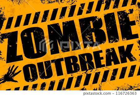 Zombie outbreak warning caution sign for Halloween monster apocalypse, vector grunge banner. Halloween holiday horror night and trick or treat party poster with zombie hand for danger zone warning 116726363