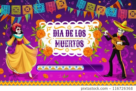 Day of the dead Mexican holiday loading bar. Dia de los muertos celebratory vector background with scale, dancing Catrina, mariachi playing guitar, papel picado banners and marigolds tagetes blooms 116726368