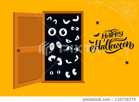 Halloween holiday door with cartoon monster eyes gleaming with mischievous delight, welcomes trick-or-treaters into a realm of playful spookiness and festive fun. Vector eerie banner with open doorway 116726374