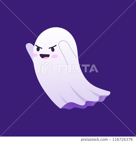 Halloween kawaii ghost character with mischievous face and raised arms playfully saying boo, while trying to frighten. Cartoon vector cute, charming, spooky and adorable spirit flying at holiday night 116726376