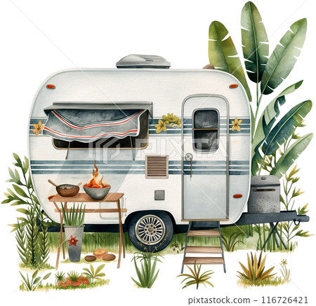 watercolor illustration of a camper van 116726421