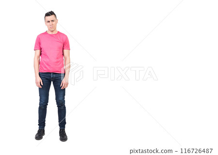 Sad man in light studio. White background 116726487