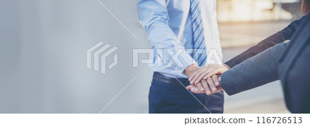 Banner diversity solidarity team multiethnic Partners hands together teamwork. Group of multiracial meetings joins hands together. Panorama Diversity people hands join empower trust team solidarity 116726513