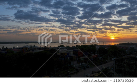 Golden sky sunrise dramatic beautiful landscape view. Dawn sky gold dusk time cloudscape with sunlight. Dramatic sunset scenic landscape. Beautiful landscape sunshine nature 116726526