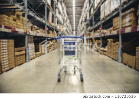Warehouse background storage inventory shelf with freight container aisle space. Goods supply lot shelf cardboard store box pallet. Commercial packaging on steel rack. Aisle in storehouse inventory Warehouse background storage inventory shelf with freight container aisle space. Goods supply lot shelf cardboard store box pallet. Commercial packaging on steel rack. Aisle in storehouse inventory 116726530