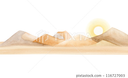 Dawn in desert landscape with sand dunes watercolor illustration isolated on white background. Monochrome sunrise sketch in beige and yellow colors. Panoramic horizontal clipart Dawn in desert landscape with sand dunes watercolor illustration isolated on white background. Monochrome sunrise sketch in beige and yellow colors. Panoramic horizontal clipart 116727003