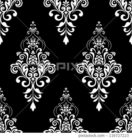 Wallpaper in the style of Baroque. Seamless vector background. White and black floral ornament. Graphic pattern for fabric, wallpaper, packaging. Ornate Damask flower ornament. Wallpaper in the style of Baroque. Seamless vector background. White and black floral ornament. Graphic pattern for fabric, wallpaper, packaging. Ornate Damask flower ornament. 116727223