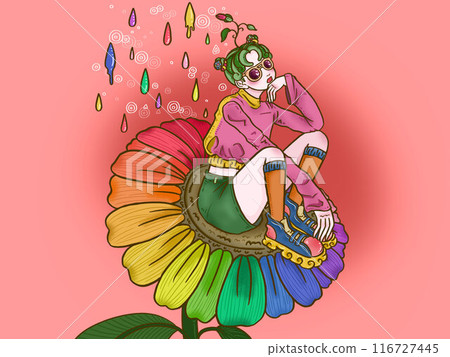 Rainbow flowers and girl on red background Rainbow flowers and girl on red background 116727445